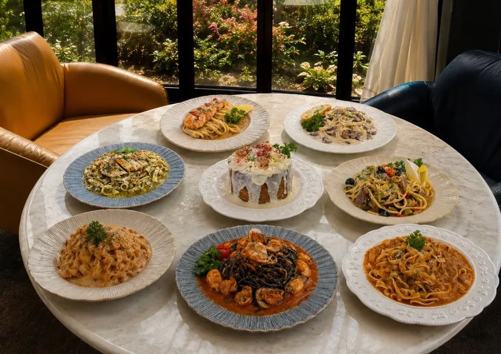 Assorted pasta dishes and cake served at Wondellea Cafe & Restaurant, the best cafe in Silang, Cavite, for cozy dining