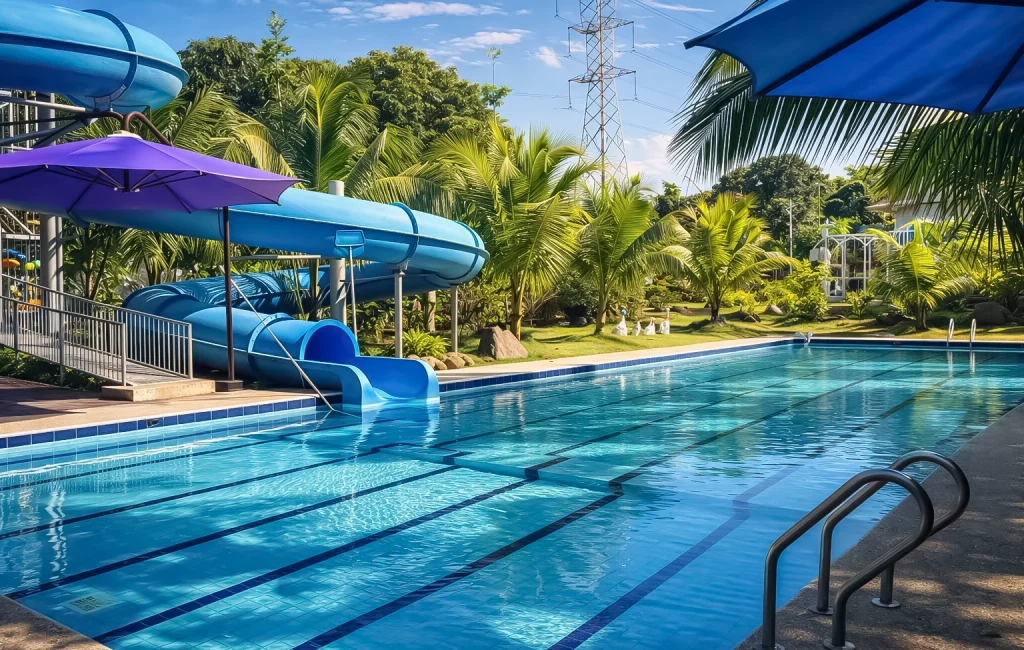 A pristine outdoor swimming pool area surrounded by lush tropical greenery and palm trees at Wondellea