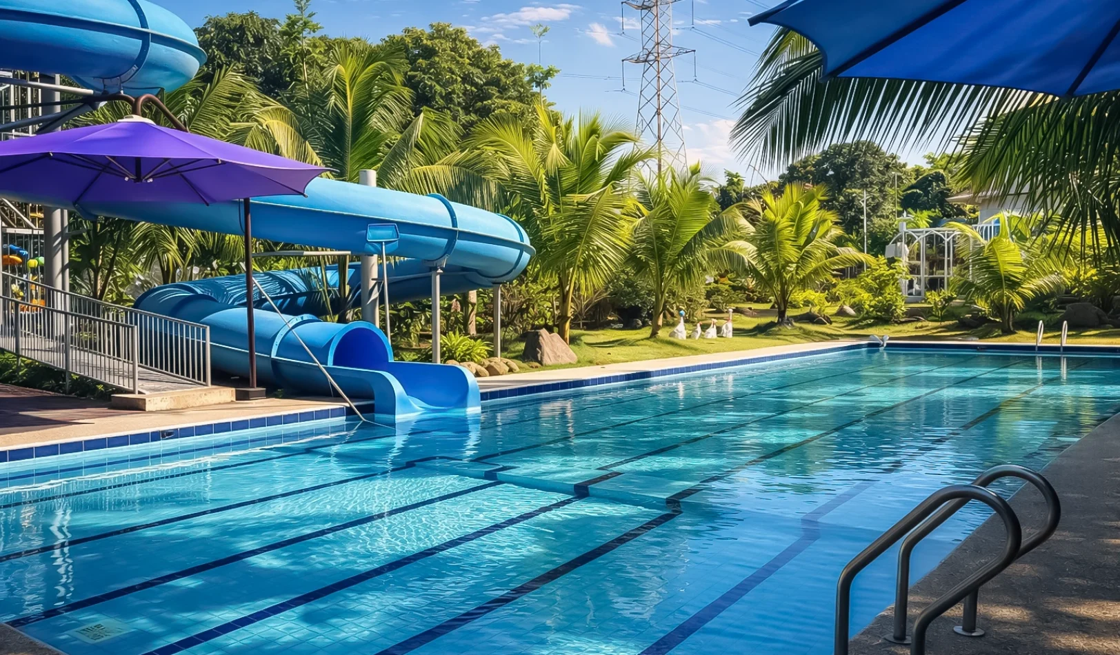 A pristine outdoor swimming pool area surrounded by lush tropical greenery and palm trees at Wondellea